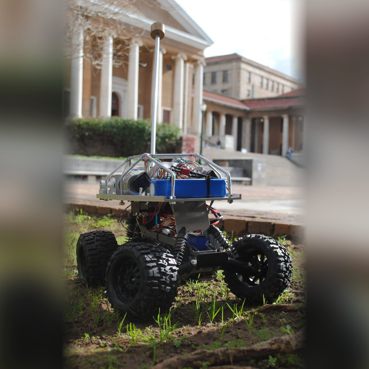 Dima, the wheeled tailed robot, its actuated tail raised above the chassis